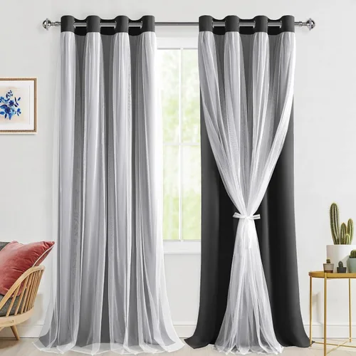 Miniatura 48 de Hiasan Cortinas opacas con superposición transparente, aislamiento térmico para mezclar y combinar de doble capa, cortinas de oscurecimiento de Beige