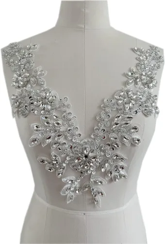 Piedras de imitación hechas a mano con apliques de encaje a mano, cuentas de costura a mano, parches de recorte, accesorios para escote de vestido