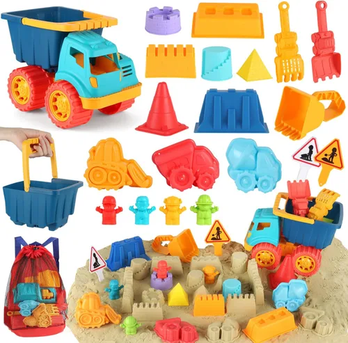 Miniatura 9 de Elovien Juego de juguetes de arena de playa, 24 juguetes de caja de arena con bolsa de malla incluida 2 cubos plegables, moldes de arena, palas