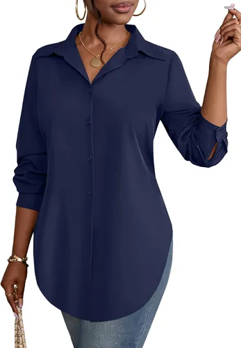 Miniatura 23 de Rooscier Blusa larga con cuello en V para mujer, manga larga, abertura lateral, con botones