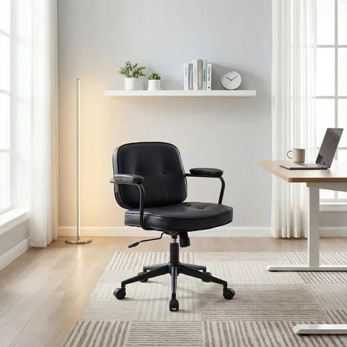 Miniatura 5 de LukeAlon Silla de escritorio ajustable de piel sintética, silla giratoria de 360° negra con reposabrazos, asiento grueso, botones y ruedas
