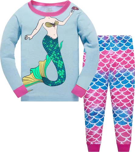 Miniatura 14 de Popshion Pijamas de sirena para niñas pequeñas, juego de 2 piezas, ropa de dormir 100% algodón, ropa para niños, pijamas estilo mariquita