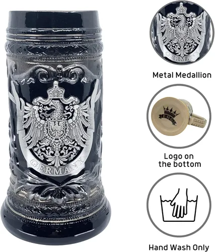 Miniatura 2 de Essence of Europe Gifts OktoberfestHaus - Vaso de cerveza de cerámica con emblema de metal Bier Krug de 0,6 litros (águila) alemán (águila)