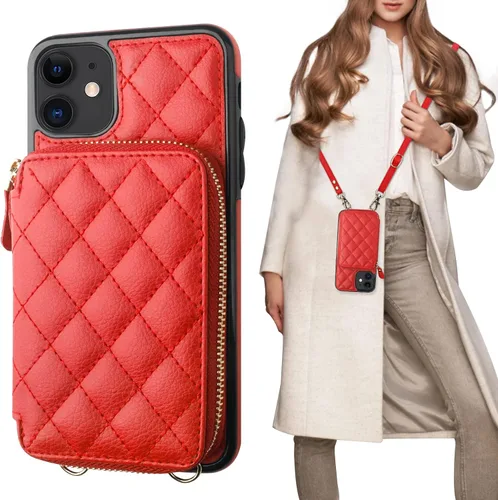 Miniatura 10 de Bocasal Funda tipo cartera cruzada para iPhone 11, con bloqueo RFID, de piel sintética, con cremallera, funda tipo cartera con función atril y Negro