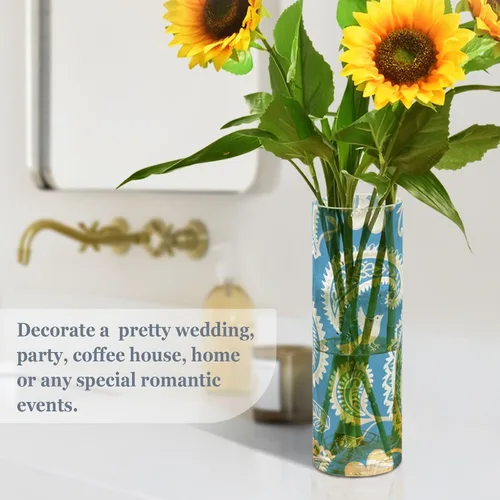Miniatura 4 de Jarrón de plástico azul bohemio con flores de cachemira blanca, 11.8 x 3.9 pulgadas, portavelas decorativo, irrompible, mesa de boda, oficina