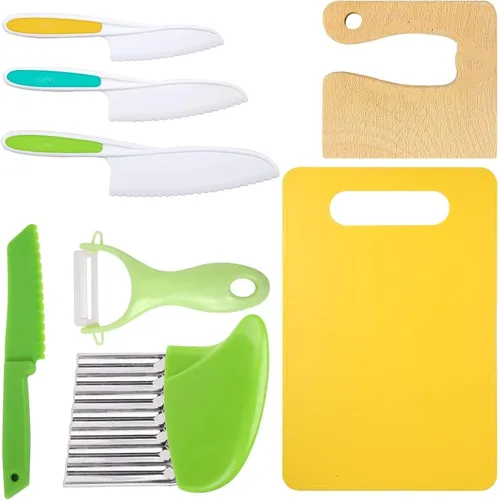 Miniatura 5 de Leking 13 piezas de cuchillos de cocina de madera para niños, juego de cuchillos para niños con guantes, tabla de cortar, cortador de sándwiches