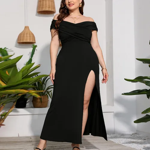 Miniatura 2 de Cocktail Dresses for Women Evening Party - Plus Size Off Shoulder Leg Split Dress Solid Elegant Maxi Long Dress Black