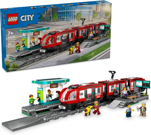 LEGO City Downtown Conjunto de Tranvía y Estación de Tren - Conjunto de Construcción de Tren de Juguete para Niños para Juego de Simulación e