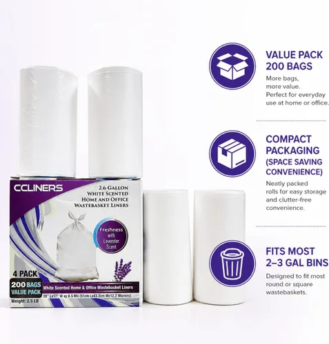 Miniatura 8 de Bolsas de basura con aroma a lavanda de 2.6 galones (200 unidades), color blanco, bolsas de basura pequeñas de 2 galones, bolsas de basura pequeñas
