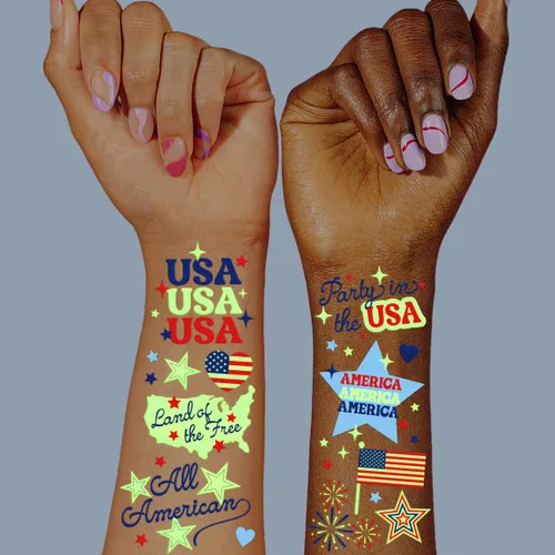 xo, Fetti Tatuajes del 4 de julio, 60 diseños que brillan en la oscuridad | Decoración patriótica para fiestas, rojo, blanco y azul, bandera de