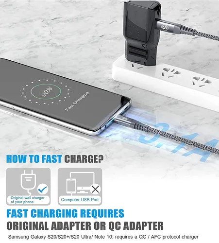 Miniatura 3 de sweguard Cable USB tipo C de 3.1A de carga rápida [2 unidades, 10 pies + 6.6 pies], cargador USB-A a USB-C, cable trenzado de nailon para Samsung