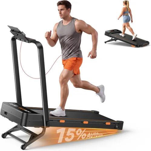Miniatura 8 de Acezoe Caminadora plegable con 15% de inclinación automática, 9 niveles inclinados para caminar con barra de mango, cintas de correr portátiles
