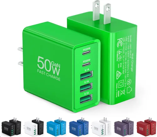 Miniatura 14 de [Paquete de 2] Cargador de pared USB C, bloque de cargador USB C de 50 W, bloques de carga rápida PD de 5 puertos, 2USB C + 3USB A enchufe