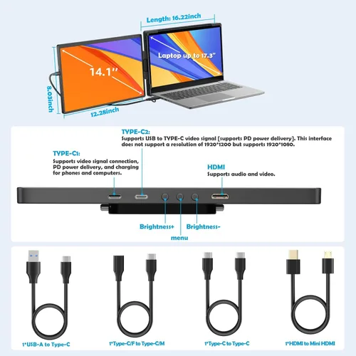 Miniatura 9 de Extensor de monitor portátil dual portátil de 14 pulgadas, 2240 x 1400 QHD IPS plegable Plug and Play segunda pantalla para viajes, trabajo, hogar