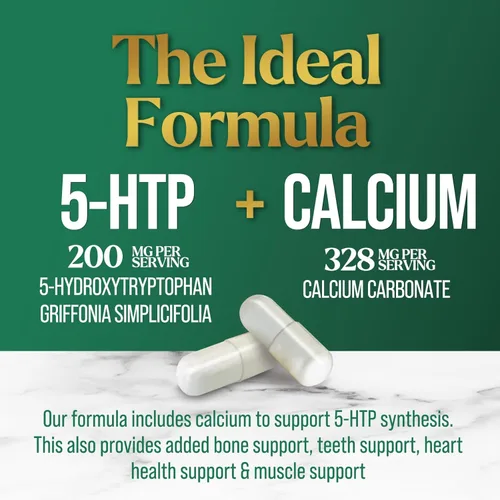 Miniatura 3 de 5 cápsulas de hidroxitriptófano – 200 mg por porción Suplemento 5 HTP más calcio para la salud cerebral y apoyo al sueño, fórmula extra fuerte