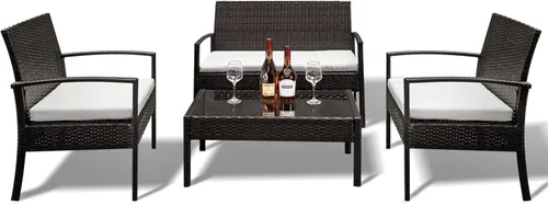 Miniatura 11 de Outvita Juego de muebles de patio de 4 piezas, juegos de conversación de ratán con sofá biplaza suave y mesa de cristal para jardín, patio, balcón