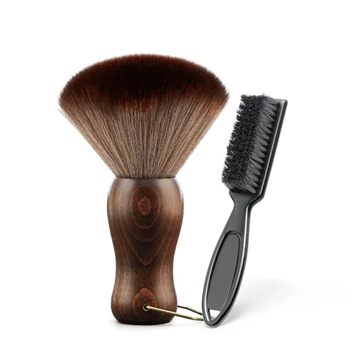 Miniatura 5 de Cepillo de plumero de cuello de peluquero Mango de madera con gancho para corte de cabello... (cepillo de cuello+cepillo de peine dorado)