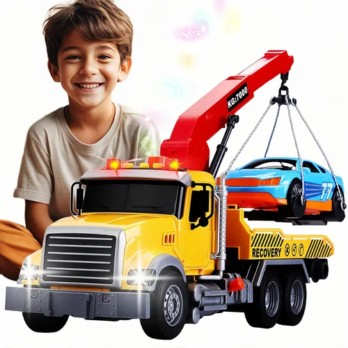 Camión de remolque para niños con juguetes de coche para niños de 4 a 7 años, camión de remolque grande con luces de gancho de trabajo y juguetes de