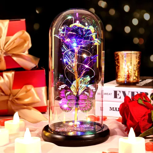 Miniatura 6 de Regalo de cumpleaños para el día de la madre para mamá de hija, hijo, rosa morada, flor eterna iluminada en cúpula de cristal con mariposa, regalos