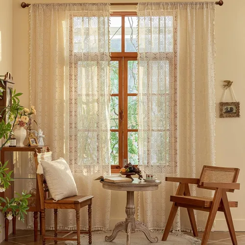 Miniatura 10 de YJ YANJUN - Cortinas de café boho, 24 pulgadas de largo, 2 paneles, cada una de 59" de ancho x 24" de largo, beige, con crochet, cortinas de cocina