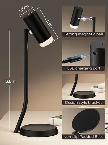 Miniatura 7 de PESUTEN Lámparas de mesa inalámbricas, luz de mesa portátil a pilas con cabezal de ángulo ajustable magnético, lámpara recargable de 5000 mAh
