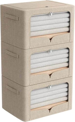 FHSQX Paquete de 3 contenedores de almacenamiento de ropa plegables con marco de metal caja de almacenamiento extra grande apilable juego Beige