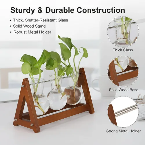 Miniatura 5 de Terrario para plantas con soporte de madera, jarrón de vidrio de 3 bombillas, soporte de metal, maceta hidropónica retro para decoración de hogar