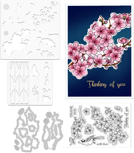 ORIGACH Sellos y Troqueles Realistas de Flores de Ciruelo de Invierno y Juego de Plantillas de Capas para Colorear, Sellos de Silicona Troquel de