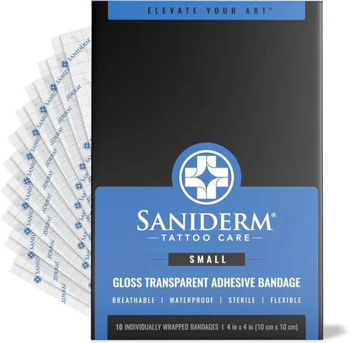 Vendaje para cuidado posterior de tatuaje Saniderm 10 hojas (Paquete pequeño, 4 pulgadas x 4 pulgadas) – Conveniente, curación y protección de