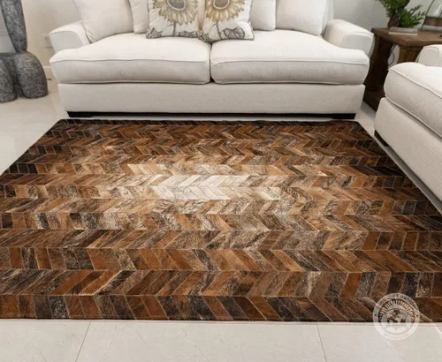 Miniatura 8 de Sunshine Cowhides Alfombra de piel de vaca 100 % auténtica, diseño de cheurón tricolor, diseño de cheurón, moderno tapete para sala de estar