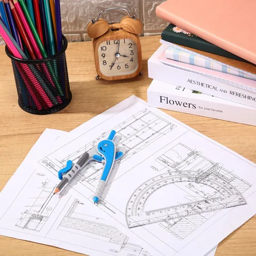 Miniatura 2 de EBOOT Juego de matemáticas de geometría para estudiantes, brújula de dibujo y transportadores de brazo oscilante transparente de 6 pulgadas, Azul