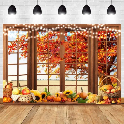 Miniatura 2 de Fondo de ventana de otoño para el día de Acción de Gracias, calabaza, hojas de árbol de arce, decoración de fiesta temática, cosecha de calabaza