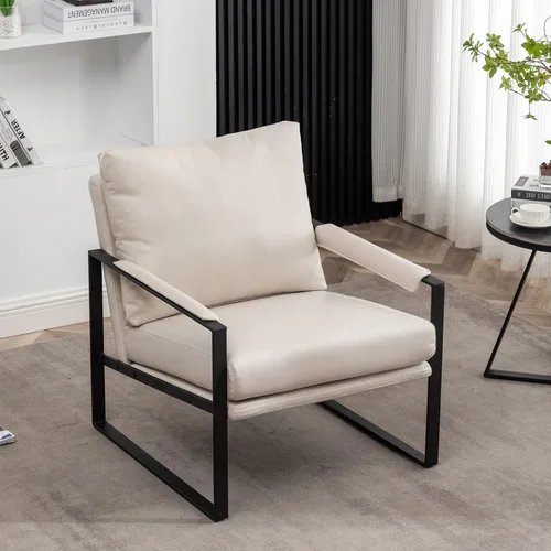 Miniatura 4 de UNICOO Silla decorativa moderna de piel sintética, sillón tapizado con marco de metal, cojín de asiento grueso y almohada trasera de gran