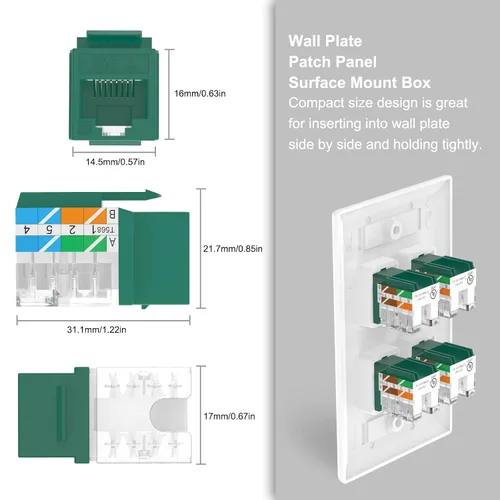Miniatura 3 de VCELINK RJ45 Cat6 Keystone Jacks Slim Profile UL Listed 10-Pack, 90 grados Ethernet Punch Down Keystone Jack Adapter en verde