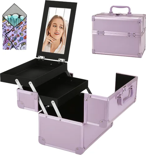 Miniatura 8 de Neceser de Tren de Maquillaje, Estuche de Maquillaje Portátil con Espejo, Organizador de Cosméticos de 2 Bandejas, Organizador de Esmalte de Uñas