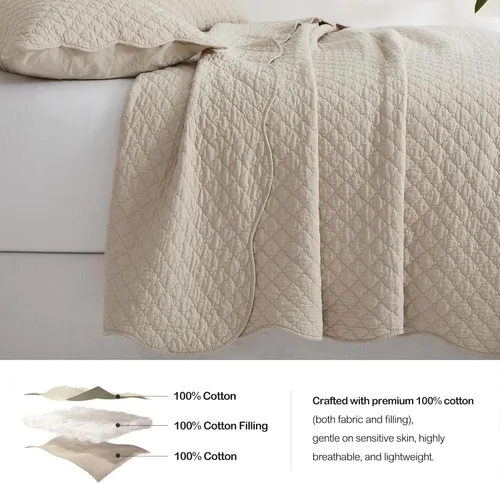 Miniatura 5 de HORIMOTE HOME Colcha de algodón 100% tamaño individual, color beige, suave y ligero, juego de ropa de cama de 2 piezas con borde festoneado