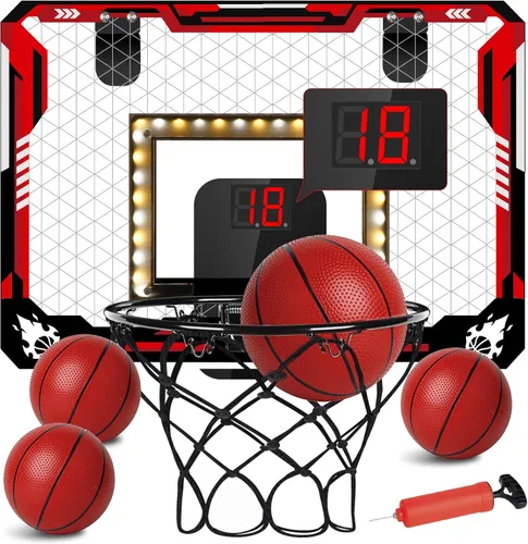 KIZJORYA Aro de Baloncesto para Interiores, Mini Aro de Baloncesto con Luz para Niños con Marcador Electrónico y 4 Pelotas, Tablero Plegable para