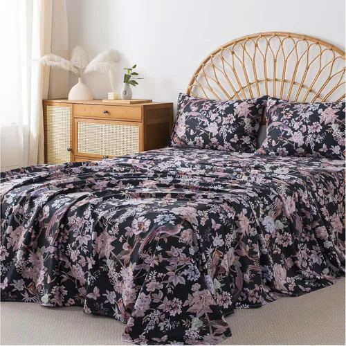 Miniatura 88 de FADFAY Juego de sábanas tamaño King, 100% algodón, elegante ropa de cama de granja con hojas verdes menta y flores blancas, sábana suave