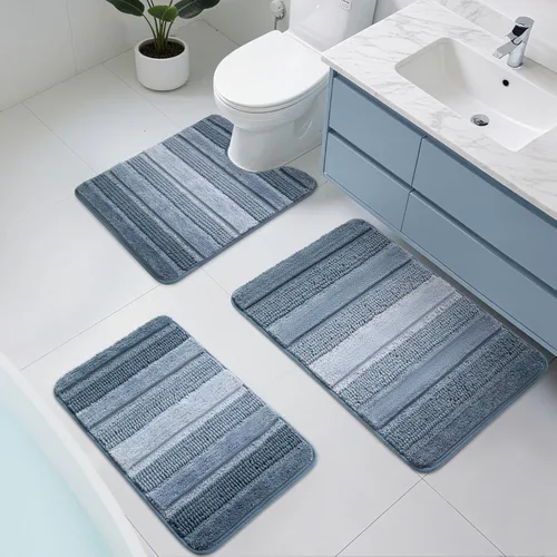 Kmson Juego de 3 alfombras de baño de chenilla ombré, antideslizantes, ultra suaves, lavables, alfombras de baño peludas para bañera, tapete de Azul