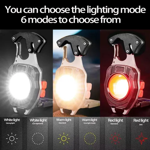Miniatura 6 de Llavero COB con 7 modos de luz, 1600 lúmenes, luz de trabajo portátil recargable por USB, luz de emergencia con soporte plegable, abrebotellas