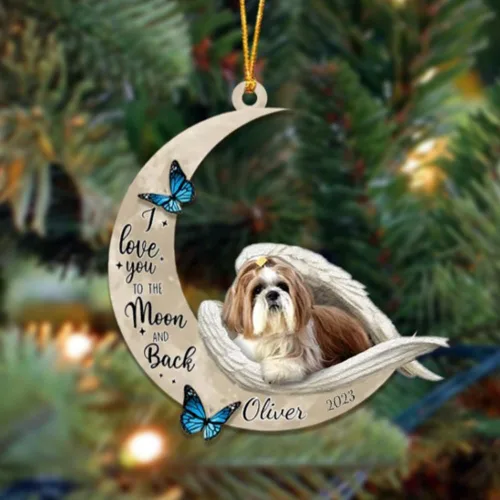 Miniatura 135 de Adorno colgante personalizado de ángel durmiendo en la luna, perro sabueso afgano, nombre personalizado, acrílico impreso en 2D plano – cumpleaños
