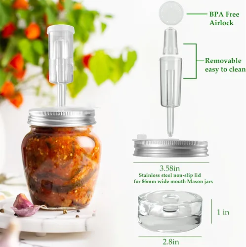 Miniatura 2 de Kit de fermentación, tapas de fermentación de acero inoxidable y pesos de vidrio para tarros Mason de boca ancha de 3.386 in (sin frascos)