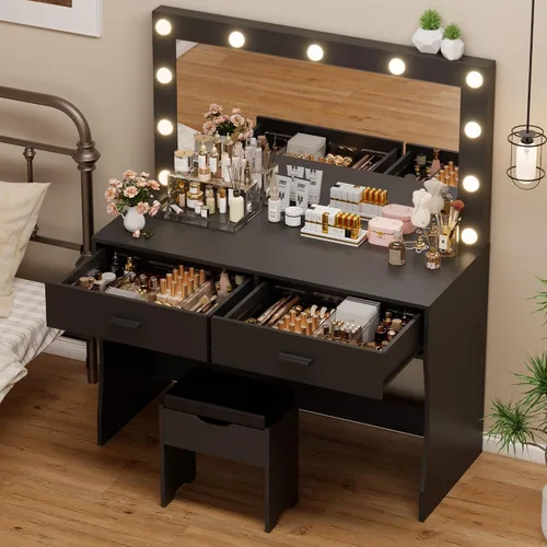YESHOMY Escritorio de tocador con espejo, toma de corriente y 11 luces, mesa de maquillaje con 2 cajones, 3 modos de color disponibles para