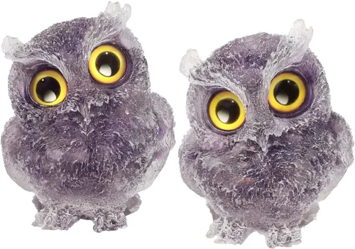 Miniatura 16 de TUMBEELLUWA Juego de 2 mini adornos de figura de búho de cristal de amatista, estatuas decorativas de búho de resina para mesa de oficina en casa