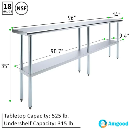 Miniatura 3 de AmGood Mesa de trabajo de acero inoxidable con estante inferior Preparación de alimentos NSF Estación de trabajo utilitaria