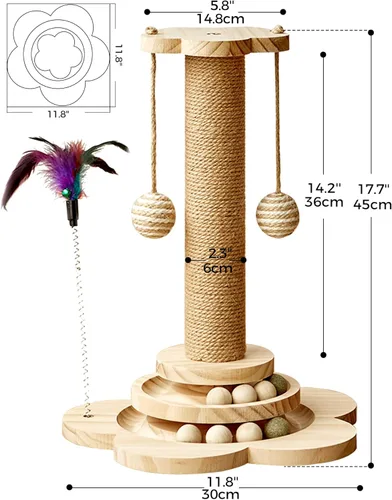 Miniatura 6 de Poste rascador para gatos para gatitos, juguete rascador de madera 4 en 1, poste rascador de 17.7 pulgadas de alto con 2 bolas de pista para gatos