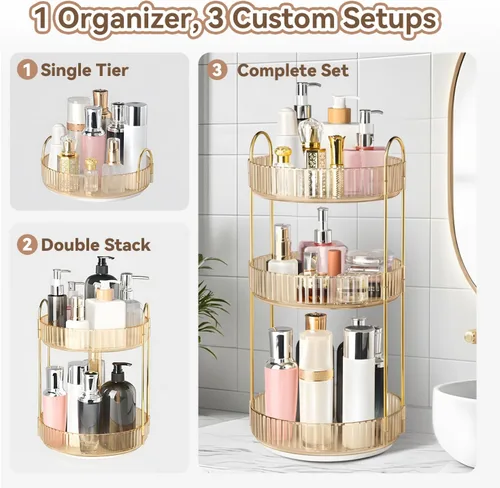 Miniatura 7 de Organizador de maquillaje giratorio de 360° para tocador, organizadores de perfumes de 3 niveles, organizadores de cuidado de la piel