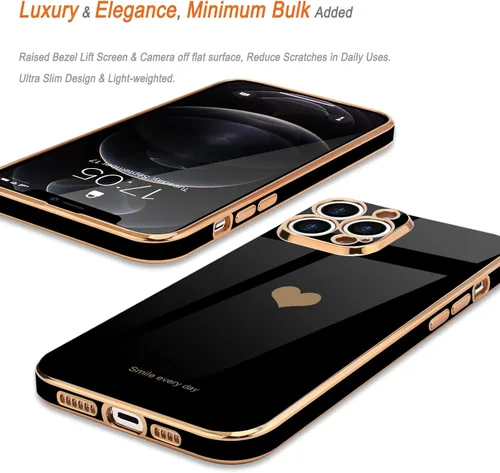 Miniatura 4 de Teageo Funda para iPhone 12 Pro para mujeres y niñas, diseño de corazón de amor, cubierta trasera suave, protección completa de la cámara, Negro