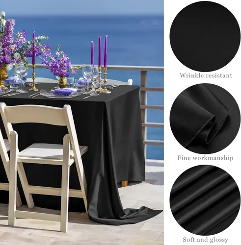 Miniatura 3 de TURSTIN Paquete de 4 manteles de satén negro de 102 x 58 pulgadas, mantel rectangular de seda brillante, tela suave, decoración de mesa para bodas