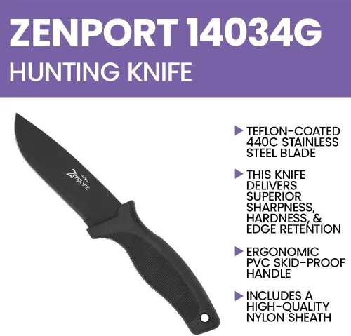 Miniatura 5 de Zenport Cuchillo de caza 14034G 4.2 440 Hoja de acero inoxidable, vaina, 9 pulgadas de largo, mango negro Agarradera negra